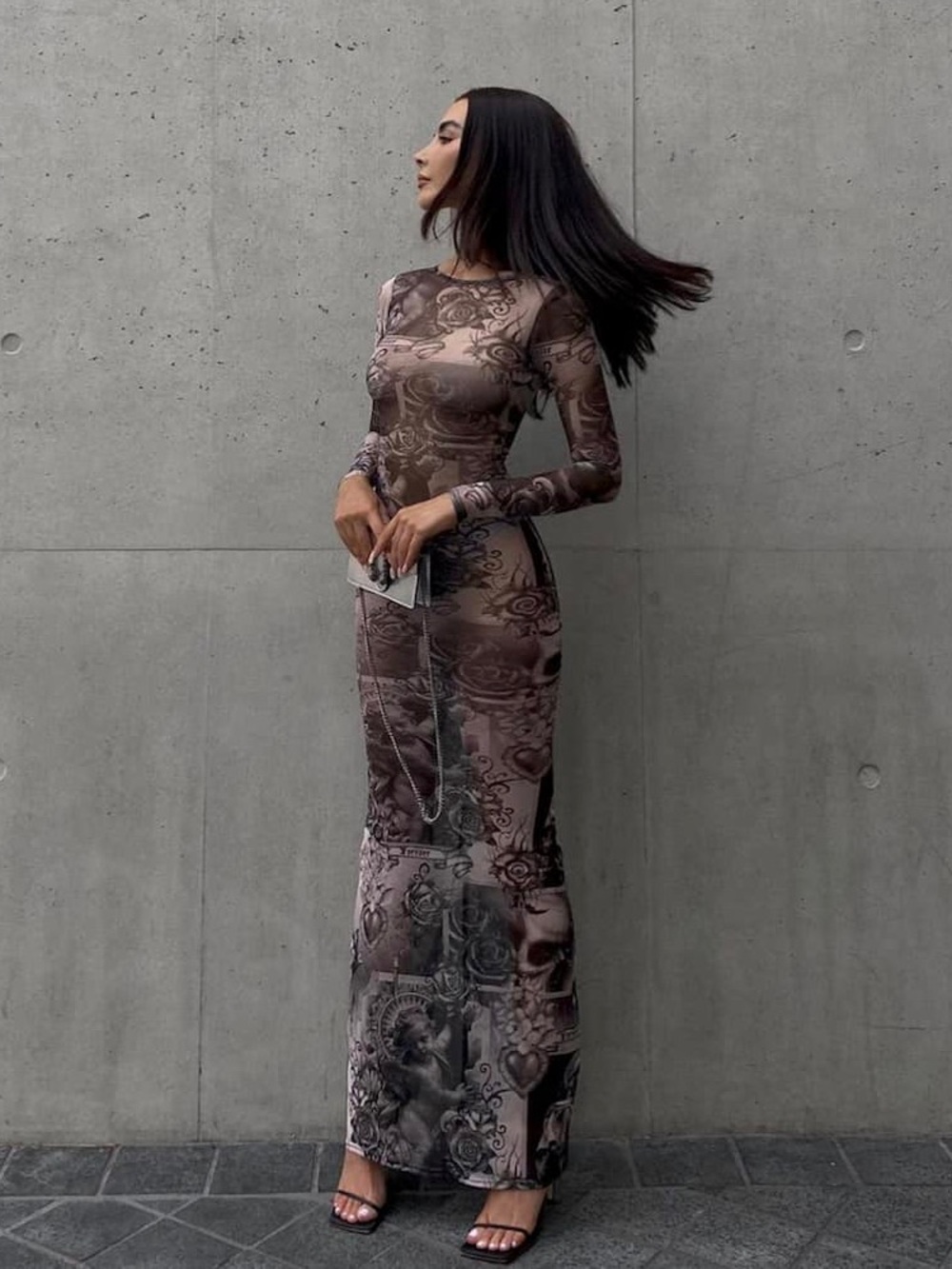 Boohoo Black Sheer Long-Sleeve Tattoo-Print Maxi Dress
